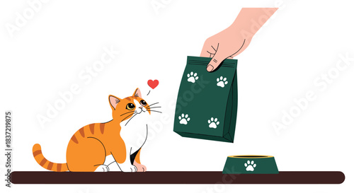 Heartwarming illustration of a person's hand offering a bag of food to an adorable and appreciative ginger tabby cat.