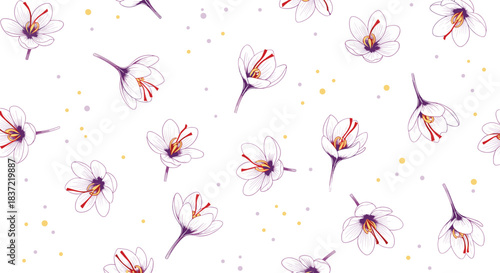 Delicate seamless pattern of hand-drawn crocus or saffron flowers with colorful dots scattered on a clean white background.