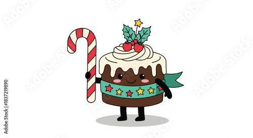 Festive kawaii Christmas pudding character with a happy face, holding a large candy cane and decorated with holly and icing.