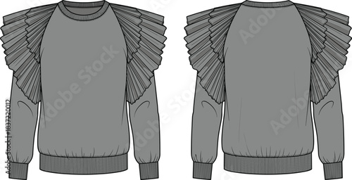 Women's Fashion Oversized Raglan Sweatshirt Technical Flat Sketch Template with Dramatic Layered Shoulder Ruffles and Rib-Knit Hems, Front and Back View CAD Drawing.