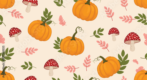 Whimsical autumn seamless pattern with orange pumpkins, red toadstool mushrooms, and colorful leaves on a light beige background.