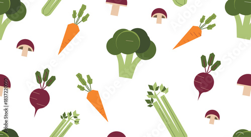Healthy seamless pattern of various fresh vegetables including broccoli, carrots, beets, celery, and mushrooms on a white backdrop.