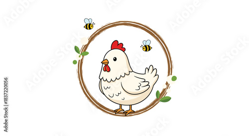 Adorable illustration of a cute white chicken surrounded by a rustic, hand-drawn wreath, with two small bees flying nearby.