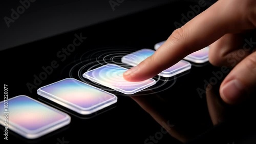 Finger Touching Holographic Buttons on a Black Surface.
