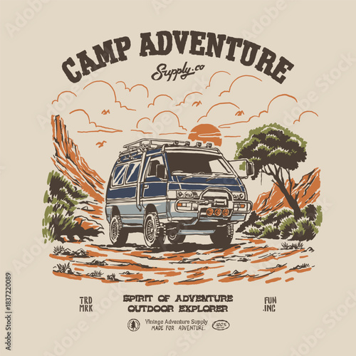 4x4 old campervan car offroad vintage illustration camp adventure desert landscape nature national park. Retro outdoor apparel design

