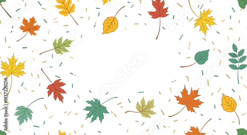 Autumnal frame design with colorful falling leaves like maple and oak scattered on a white background with central copy space.