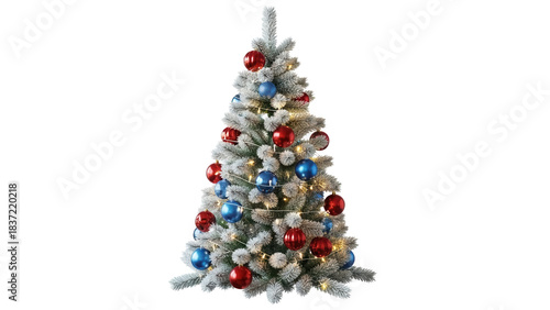 Flocked Christmas tree with red and blue ornaments isolated PNG, festive holiday decoration on transparent background
