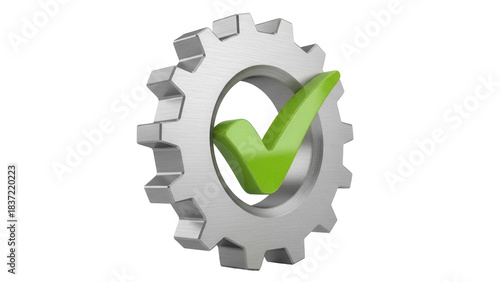 Green check mark inside a silver gear isolated PNG, symbol of approval and quality control for engineering and manufacturing