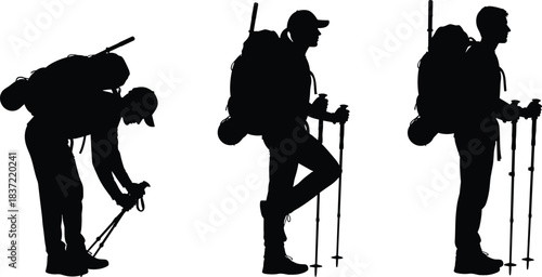 Vector Silhouette Set: Active Outdoor Hikers with Backpacks and Trekking Poles Engaging in Adventure, Trekking, and Mountaineering Poses; Exploring Nature and Achieving Health,
