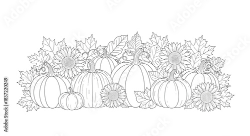 Detailed black and white line art coloring page for children featuring a harvest arrangement of pumpkins, sunflowers, and leaves.