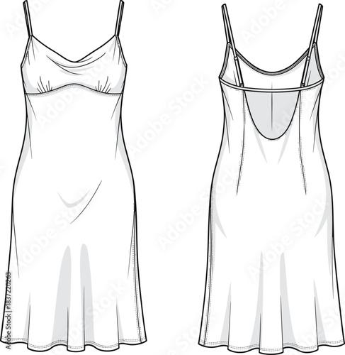 Sleeveless dress technical fashion sketch, spaghetti strap design, scoop back, flared hem, front and back view, garment construction, apparel template
