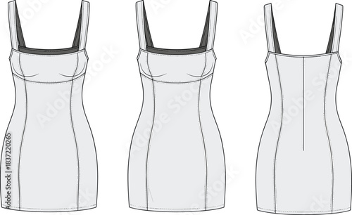 Sleeveless dress technical fashion sketch, scoop neckline, princess seams, spaghetti straps, front and back view, garment construction, apparel template