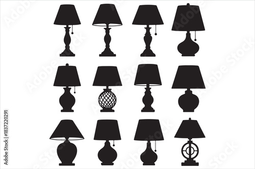 Collection of various black silhouette table lamps on a white background