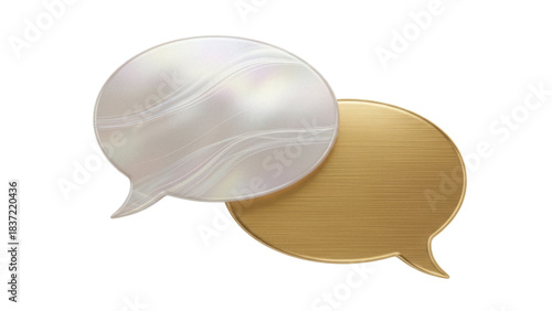 Two overlapping speech bubbles PNG isolated on transparent background, communication concept with gold and pearl colors for design projects