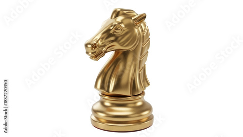 Golden knight chess piece isolated PNG, shiny metallic horse head figurine for board game and strategy concepts