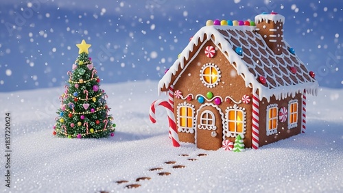 Christmas Gingerbread House with Candy Decorations in Winter Snow