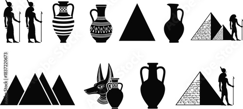 Ancient Egypt icon set, pyramid deity pottery silhouette collection, archaeology graphics, cad drawing flat vector illustration