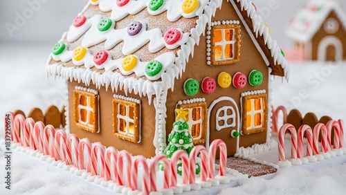 Christmas Gingerbread House with Candy Decorations in Winter Snow