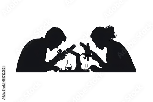 Silhouette of Science: Silhouette of a scientist using the microscope with a vial and beaker in the work area. a scene of scientific research and exploration.