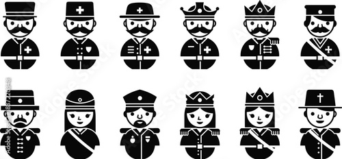 Historical uniform icon set, soldier nurse clergy silhouette collection, vintage character graphics, cad drawing flat vector illustration