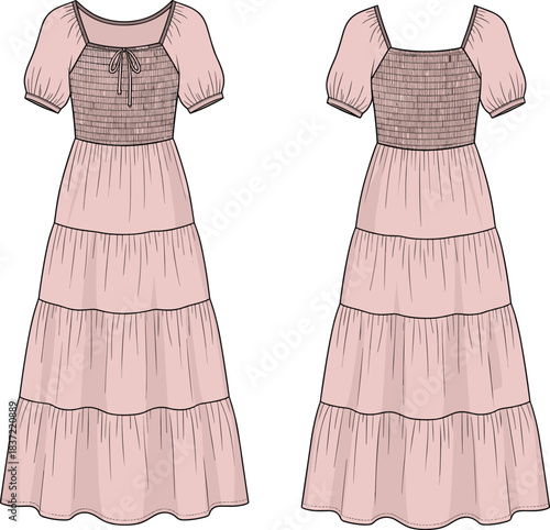 Tiered dress technical fashion sketch, puff sleeve design, smocked bodice, scoop and square neckline, front and back view, garment construction, apparel template