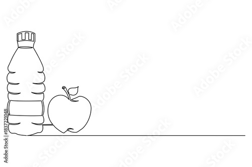 Continuous one line drawing of Green apple with water bottle. Single line drawing illustration of Apple and bottle of water. For marketing and branding concept vector art. Doodle line illustration.