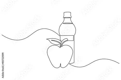 Continuous one line drawing of Green apple with water bottle. Single line drawing illustration of Apple and bottle of water. For marketing and branding concept vector art. Doodle line illustration.