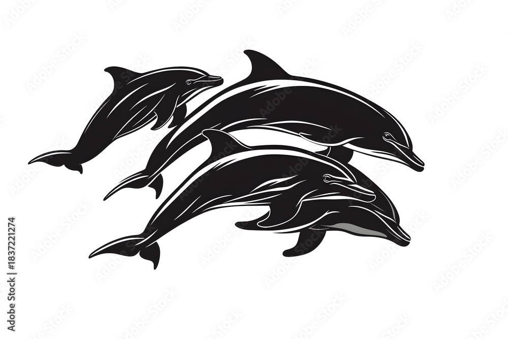 Naklejka premium Dolphin in Motion: A sleek pod of dolphins gracefully glide through the ocean, their silhouettes a testament to nature's elegance and the wonder of marine life.