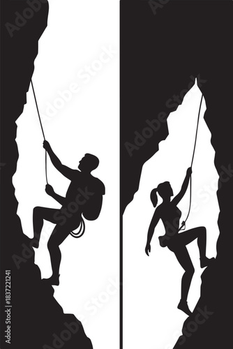 PrintSilhouettes of two climbers scaling a rock face