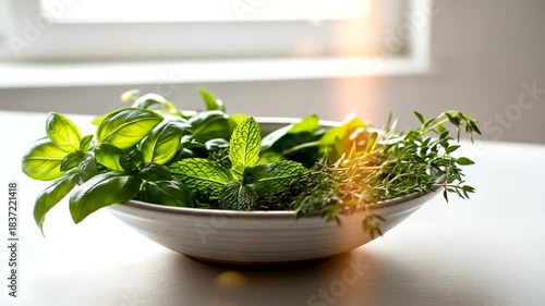 Fresh herbs in a bowl, healthy ingredients for cooking, natural food.