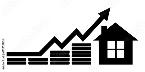 Real estate market, graph, up arrow icon set vector. House model and a stack of coins. Financial planning symbol. The concept of inflation, economic growth, the price of insurance services.