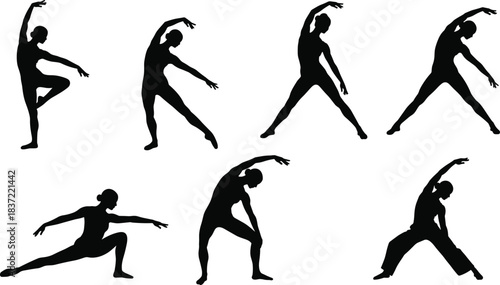 Yoga, stretching, silhouette, pose, flexibility, movement, balance, fitness, exercise, body, black, minimal, posture, wellness, calm, strength, gesture, illustration, activity, style