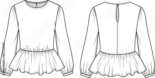 Women's blouse fashion illustration, technical flat sketch, peplum hem design, long sleeve top, garment construction, apparel template, front and back view