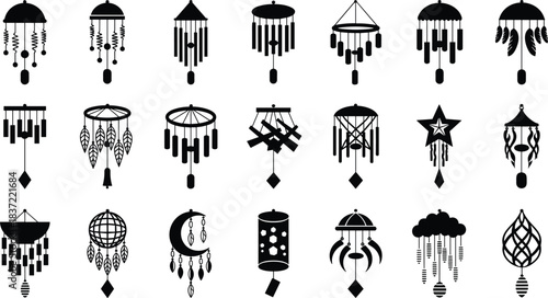 Wind chime and dreamcatcher silhouette icon set, spiritual decor and hanging ornament collection, cad drawing flat vector illustration