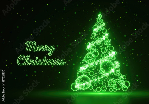 A glowing Christmas tree silhouette made of bubbles with green neon lights. An abstract, modern winter design with “Merry Christmas” written on it.