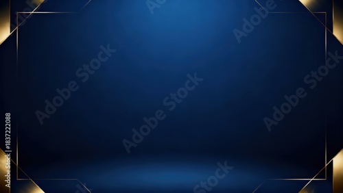 Royal blue stage background featuring subtle spotlight illumination and elegant golden geometric framing details in all four corners.