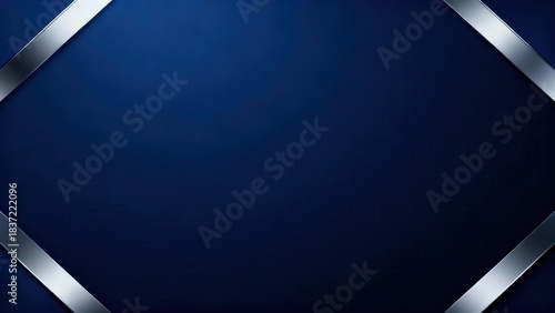 Deep navy blue background featuring shiny diagonal silver metallic ribbons creating corner frames.