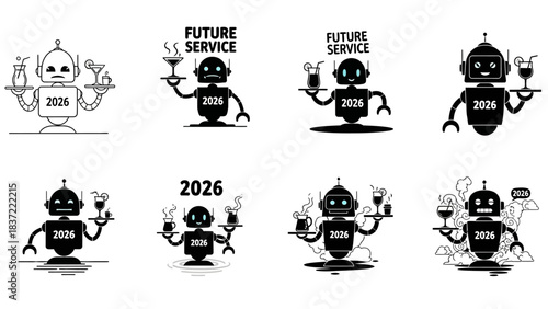 Set of various robot waiter characters holding trays with drinks and coffee for future service concepts in 2026