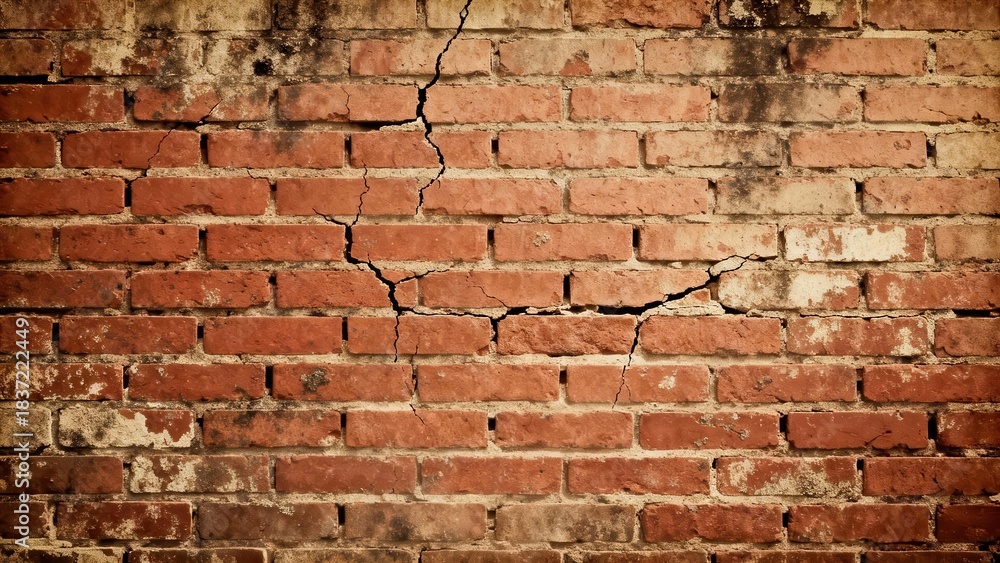 Naklejka premium Weathered terracotta red brick wall displaying a prominent vertical structural crack, heavily stained with grunge and moisture decay.