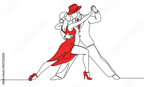 One Line Art of Passionate Tango or Ballroom Dancers. Couple in Elegant Pose with Woman in Red Dress and Man in Suit. Continuous Drawing Style.