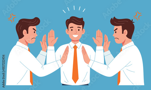 Conflict Resolution, Mediation, and Calmness Concept. Happy Mediator Separating Two Angry, Shouting Businessmen with Raised Hands on a Blue Background.