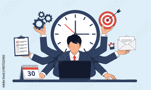 Time Management, Productivity, and Multitasking Concept. Busy Businessman with Many Arms Working on Laptop, Holding Calendar, Gears, and Target.