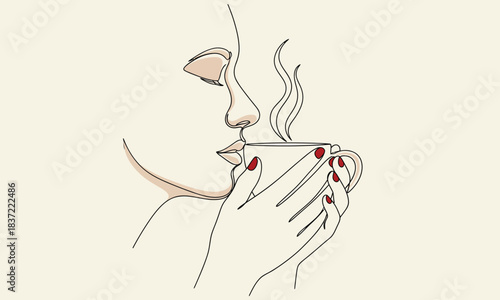One Line Art of Woman Drinking Hot Coffee or Tea, Holding a Steaming Mug with Red Manicured Nails. Minimalist Continuous Drawing Style. (