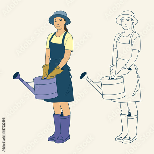 Set of two gardener illustrations: one clean line art and one colored version. Female worker in overalls, hat, gloves and boots holding a bucket.