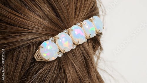 Opal hair clip iridescent pastel gemstone delicate polished mystical on plain white background