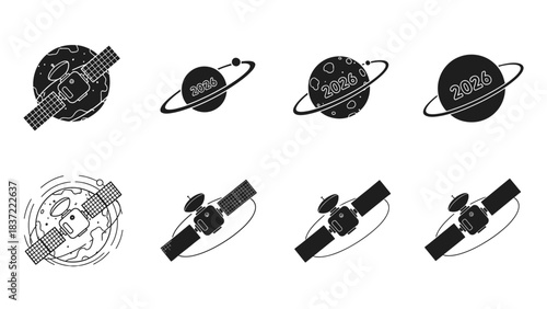 Satellite orbiting earth icon set black and white collection with a clean design, showcasing a communication satellite, a planet with a 2026 date, and modern space technology