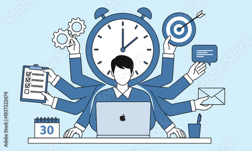 Time Management, Multitasking, and Productivity Concept. Businessman with Many Hands Using Laptop, Calendar, Alarm Clock, and Gears for Work Organization.