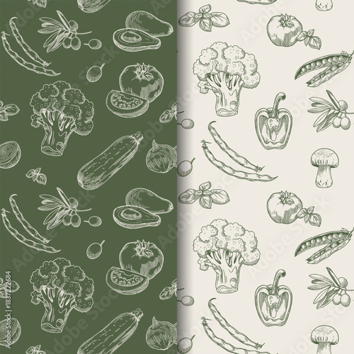 Set of two vegetable patterns in elegant line art on dark and light backgrounds. Hand-drawn vegetables create a seamless, stylish botanical design.