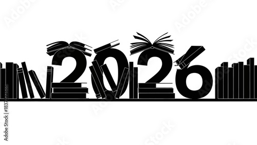Bookshelf with 2026 number integrated into a stack of books, symbolizing education, knowledge, and literary pursuits for the coming year or future academic achievements