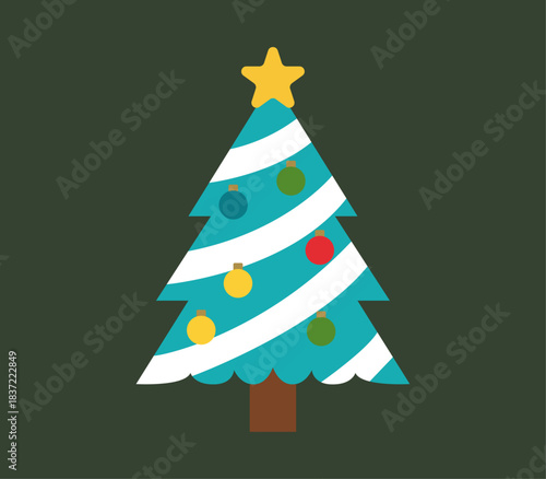 Árbol de navidad plano con estrella, guirnaldas blancas y seis esferas sobre fondo verde oscuro.